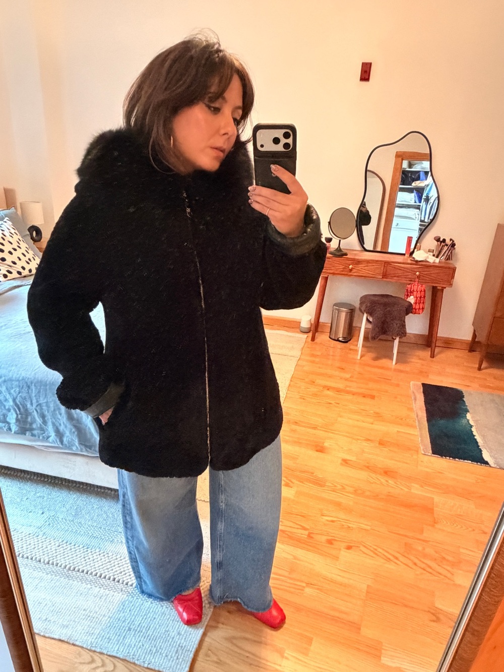 NWOT Genuine Lamb Shearling Coat w/ Fox Fur-Trimmed Hood